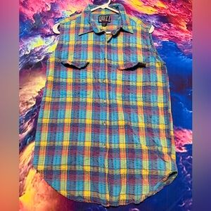 Quzz Sleeveless Plaid Button-Down Shirt - Blue & Yellow